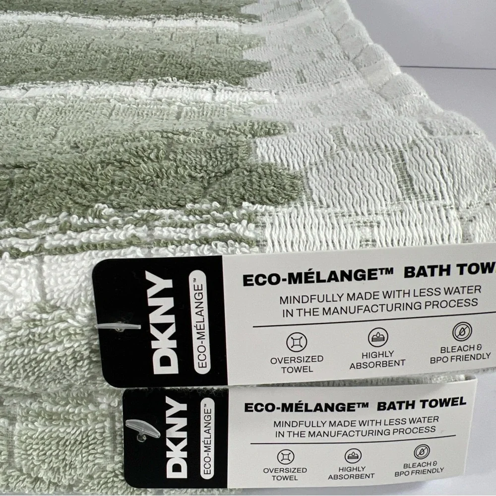 DKNY Eco-Melange Bath Towels Set of 2 Oversized Green White Striped Cotton NEW